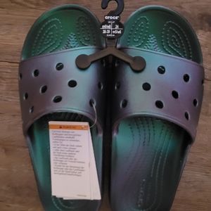 Iridescent purple green crocs slides